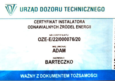 Certyfikat instalatora odnawialnych źródeł energii