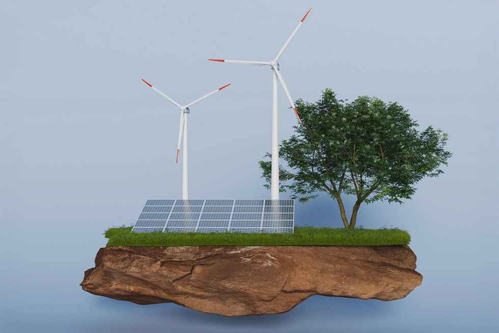 Wizualizacja z turbinami wiatrowymi, panelami słonecznymi i drzewem na unoszącej się platformie